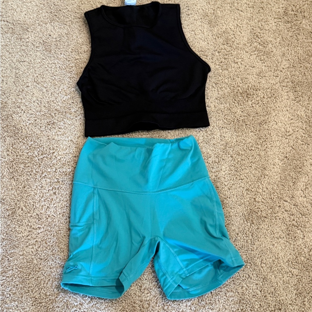 Gymshark Black Top and Blue Athletic Shorts